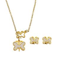 Fashion Stainless Steel Jewelry Sets, 316 Stainless Steel, Stud Earring & necklace, with White Shell, Rhombus, Vacuum Plating, 2 pieces & fashion jewelry & for woman, two different colored .5 Inch 