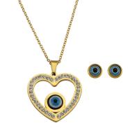Evil Eye Jewelry Set, 316 Stainless Steel, Stud Earring & necklace, Vacuum Plating, 2 pieces & fashion jewelry & evil eye pattern & for woman & enamel & with rhinestone, two different colored Inch 