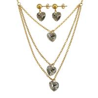 Rhinestone stainless steel Jewelry Set, 316 Stainless Steel, earring & necklace, Heart, Vacuum Plating, 2 pieces & fashion jewelry & for woman & with rhinestone, two different colored .5 Inch 