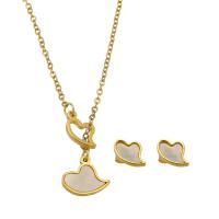 Fashion Stainless Steel Jewelry Sets, 316 Stainless Steel, Stud Earring & necklace, with White Shell, Heart, Vacuum Plating, 2 pieces & fashion jewelry & for woman, two different colored .5 Inch 