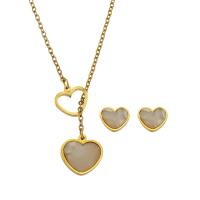 Fashion Stainless Steel Jewelry Sets, 316 Stainless Steel, Stud Earring & necklace, with White Shell, Heart, Vacuum Plating, 2 pieces & fashion jewelry & for woman, two different colored Inch 