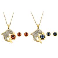 Rhinestone stainless steel Jewelry Set, 316 Stainless Steel, Stud Earring & necklace, Vacuum Plating, 2 pieces & fashion jewelry & evil eye pattern & for woman & enamel & with rhinestone 