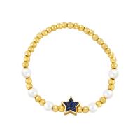 Cubic Zirconia Micro Pave Brass Bracelet, with Synthetic Blue Turquoise & Plastic Pearl, Star, 18K gold plated, micro pave cubic zirconia & for woman Approx 17 cm 