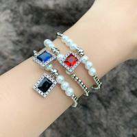 Cubic Zirconia Brass Bracelets, with Cubic Zirconia & Plastic Pearl, Rectangle, silver color plated, for woman Approx 18 cm 