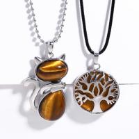 Tiger Eye Necklace, with leather cord & brass chain & Brass, with 5cm extender chain, silver color plated & for woman Approx 43 cm 
