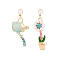 Asymmetric Earrings, Zinc Alloy, with Plastic Pearl, Flower, gold color plated, for woman & enamel & with rhinestone 