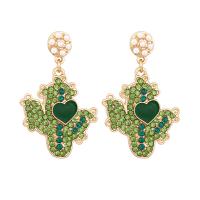 Zinc Alloy Rhinestone Drop Earring, with Plastic Pearl, Opuntia Stricta, gold color plated, for woman & enamel & with rhinestone, green 