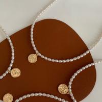 Freshwater Pearl Brass Necklace, with Brass, with 5cm extender chain, fashion jewelry & for woman, white, 3-4mm Approx 38 cm 