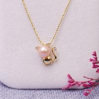 Freshwater Pearl Brass Necklace, with Brass, Cat, fashion jewelry & for woman & with rhinestone, golden, 7-8mm Approx 45 cm 