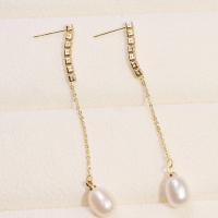 Freshwater Pearl Brass Earring, with Brass, fashion jewelry & for woman & with rhinestone, golden, 7-8mm 