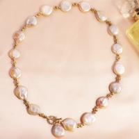 Freshwater Pearl Brass Necklace, with Copper Alloy, gold color plated, fashion jewelry & for woman, 13-15mm Approx 45 cm 
