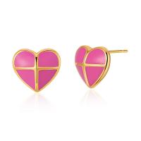 Brass Stud Earring, Heart, 18K gold plated, fashion jewelry & for woman & enamel 11mm 