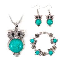 Turquoise Jewelry Sets, Zinc Alloy, Stud Earring & bracelet & necklace, with turquoise, with 3.15inch extender chain, Owl, plated, three pieces & for woman & with rhinestone, 65mm,40mm Approx 18.5 Inch, Approx 7.28 Inch 