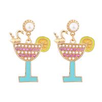 Enamel Zinc Alloy Drop Earring, with Plastic Pearl, Cup, gold color plated, for woman & with rhinestone 