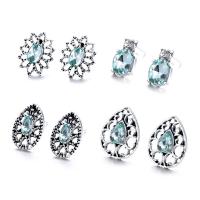 Zinc Alloy Rhinestone Stud Earring, silver color plated, 4 pieces & for woman & with rhinestone & hollow, light blue 