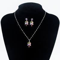 Cubic Zirconia Zinc Alloy Jewelry Sets, earring & necklace, with Cubic Zirconia, with 5cm extender chain, Leaf, silver color plated, 2 pieces & for woman Approx 41.5 cm 