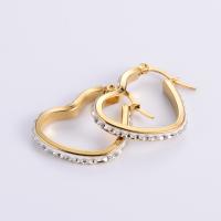Stainless Steel Leverback Earring, 304 Stainless Steel, Heart, 18K gold plated & for woman & with rhinestone, golden 