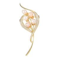 Freshwater Pearl Brooch, Brass, with Freshwater Pearl, Flower, gold color plated, micro pave cubic zirconia & for woman 