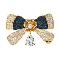 Cubic Zirconia Brooch, Brass, with Plastic Pearl, Bowknot, plated, micro pave cubic zirconia & for woman 