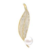 Cubic Zirconia Brooch, Brass, with Plastic Pearl, Leaf, gold color plated, micro pave cubic zirconia & for woman 