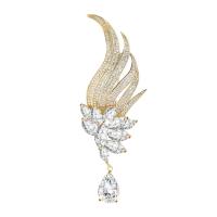 Cubic Zirconia Brooch, Brass, Feather, gold color plated, micro pave cubic zirconia & for woman 