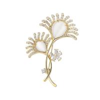 Cubic Zirconia Brooch, Brass, Ginkgo Leaf, gold color plated, imitation cats eye & micro pave cubic zirconia & for woman 