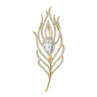 Cubic Zirconia Brooch, Brass, Feather, gold color plated, micro pave cubic zirconia & for woman 