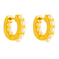 Brass Huggie Hoop Earring, with ABS Plastic Pearl, 18K gold plated, fashion jewelry & for woman, golden 