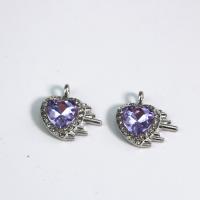 Zinc Alloy Rhinestone Pendants, Heart, platinum color plated, DIY & with rhinestone, purple 