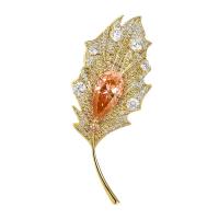 Cubic Zirconia Brooch, Brass, Maple Leaf, gold color plated, micro pave cubic zirconia & for woman 