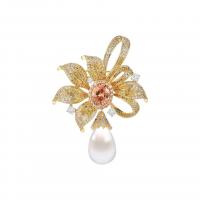 Plastic Pearl Brooch, Brass, with Plastic Pearl, Flower, gold color plated, micro pave cubic zirconia & for woman 