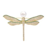 Freshwater Pearl Brooch, Brass, with Freshwater Pearl, Dragonfly, gold color plated, micro pave cubic zirconia & for woman 
