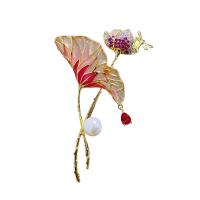 Freshwater Pearl Brooch, Brass, with Freshwater Pearl, Lotus, real gold plated, micro pave cubic zirconia & for woman & enamel 