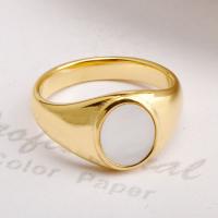 Stainless Steel Finger Ring, Titanium Steel, with White Shell, Oval, real gold plated, Unisex US Ring 