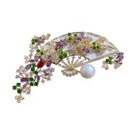 Freshwater Pearl Brooch, Brass, with Freshwater Pearl, real gold plated, micro pave cubic zirconia & for woman 