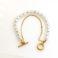 Perlen Armbänder, 304 Edelstahl, mit Perlen, Vakuum-Ionen-Beschichtung, Doppelschicht & für Frau, weiß, Länge:ca. 16.5 cm, verkauft von PC