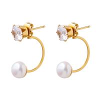 Freshwater Pearl Stud Earring, Titanium Steel, with Freshwater Pearl, gold color plated, fashion jewelry & micro pave cubic zirconia & for woman, golden 