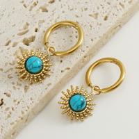 Titanium Steel Huggie Hoop Drop Earring, with turquoise, Vacuum Ion Plating, fashion jewelry & for woman, golden, 14mm,16mm 