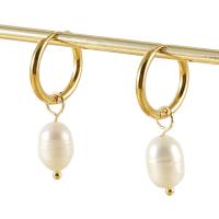Freshwater Pearl Drop Earring, 304 Stainless Steel, with Freshwater Pearl, 18K gold plated, fashion jewelry & for woman, golden, 32mm 