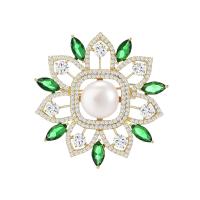Freshwater Pearl Brooch, Brass, with Freshwater Pearl, Flower, gold color plated, micro pave cubic zirconia & for woman 