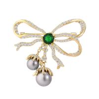 Cubic Zirconia Brooch, Brass, with Plastic Pearl, Bowknot, gold color plated, micro pave cubic zirconia & for woman 