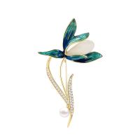 Freshwater Pearl Brooch, Brass, with Hetian Jade & Freshwater Pearl, Flower, gold color plated, micro pave cubic zirconia & for woman & enamel 