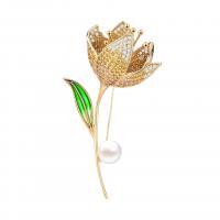 Freshwater Pearl Brooch, Brass, with Freshwater Pearl, Flower, gold color plated, micro pave cubic zirconia & for woman & enamel 