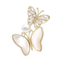 Shell Brooch, Brass, with Shell Pearl & Shell, Butterfly, gold color plated, micro pave cubic zirconia & for woman 