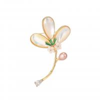 Shell Brooch, Brass, with Shell & Freshwater Pearl, Flower, gold color plated, micro pave cubic zirconia & for woman 
