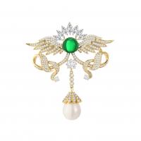 Cubic Zirconia Brooch, Brass, with Plastic Pearl, Wing Shape, gold color plated, micro pave cubic zirconia & for woman 