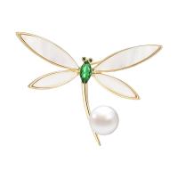 Freshwater Pearl Brooch, Brass, with Cubic Zirconia & Shell & Freshwater Pearl, Dragonfly, gold color plated, for woman 
