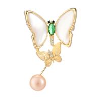 Freshwater Pearl Brooch, Brass, with Shell & Freshwater Pearl, Butterfly, gold color plated, micro pave cubic zirconia & for woman 
