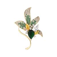 Cubic Zirconia Brooch, Brass, Leaf, gold color plated, micro pave cubic zirconia & for woman 