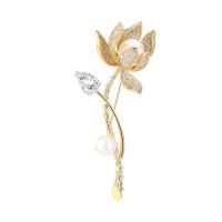Cubic Zirconia Brooch, Brass, with Plastic Pearl, Flower, gold color plated, micro pave cubic zirconia & for woman 